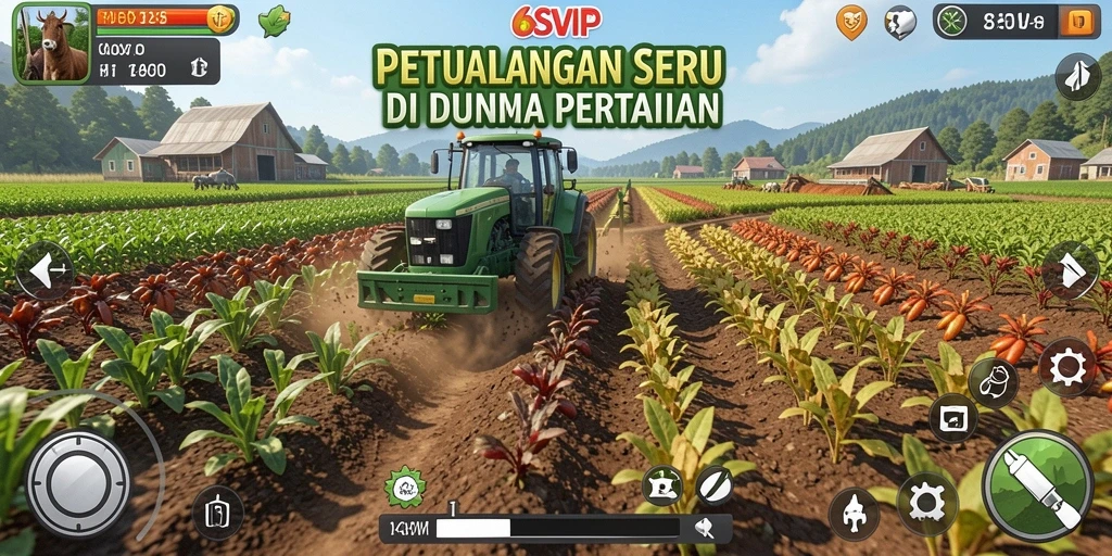 Tampilan gameplay 6SVIP dengan ladang yang hijau dan beragam tanaman.