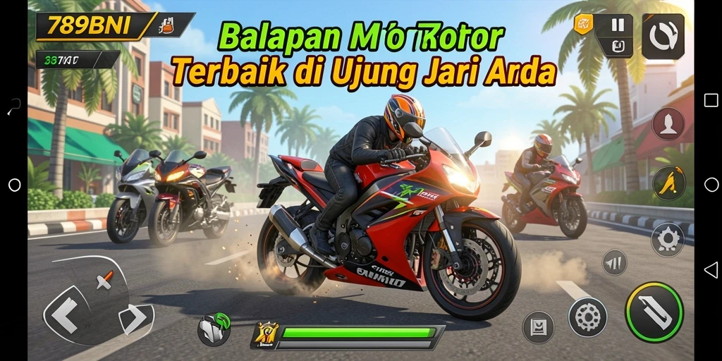 Tampilan gameplay seru di 789BNI dengan balapan motor cepat.
