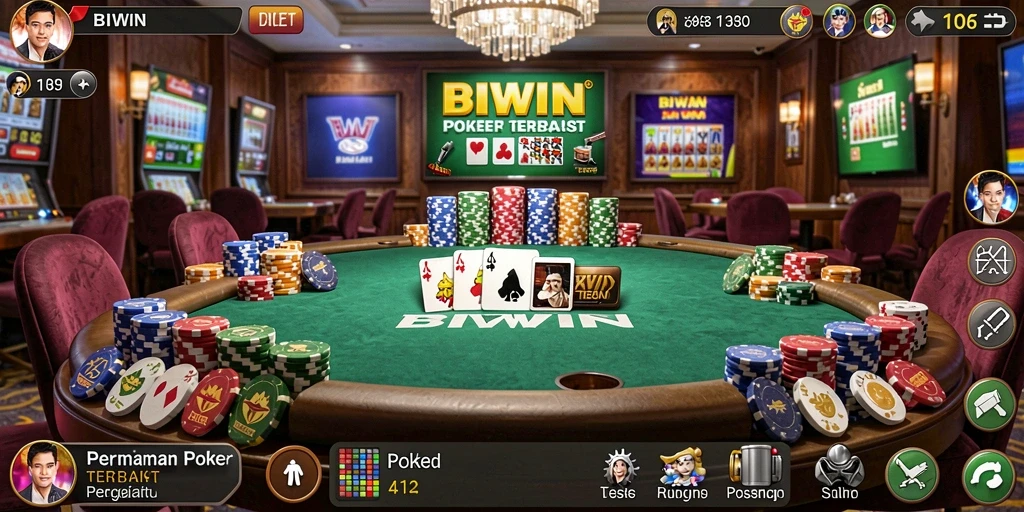 Screenshot utama BIWIN menunjukkan pemain asyik bermain poker dengan berbagai kartu.