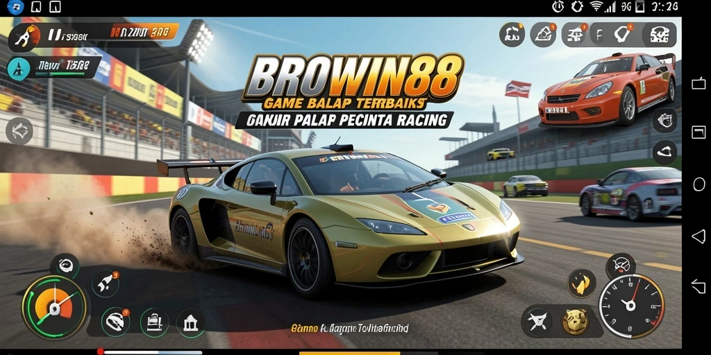 Screenshot gameplay BROWIN88 menampilkan mobil balap di sirkuit yang mendebarkan.