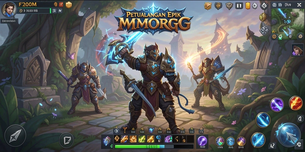 Screenshot gameplay F200M menampilkan pertarungan epik dalam dunia MMORPG.