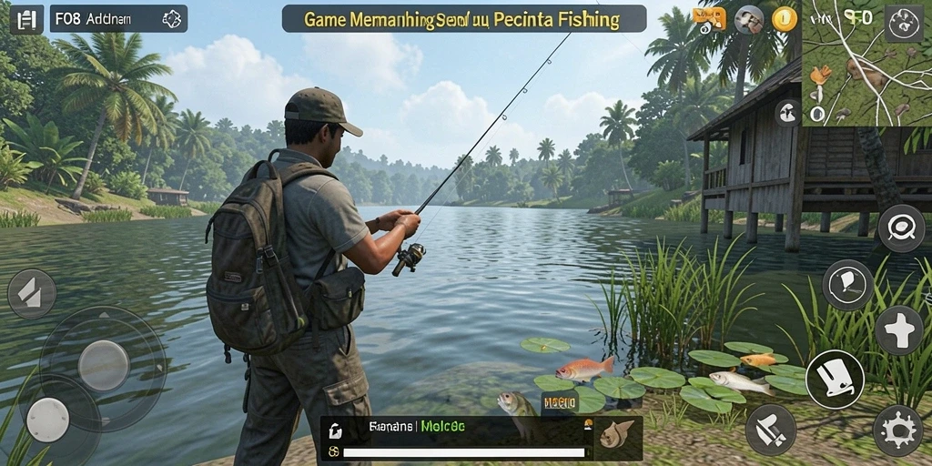 Screenshot gameplay FO8 menampilkan aksi menarik saat memancing.