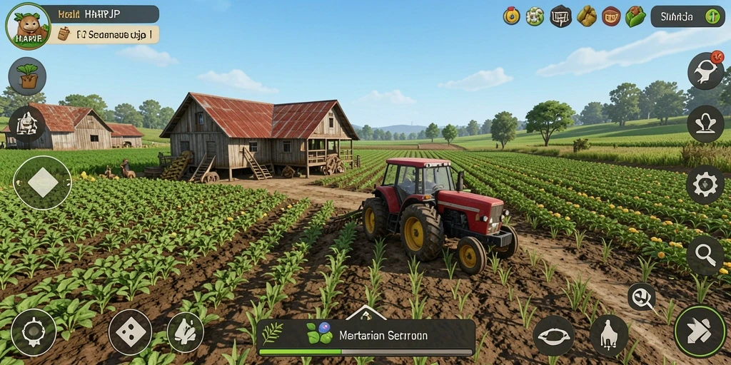 Tampilan gameplay menarik HARAPJP dengan aktivitas pertanian yang beragam.