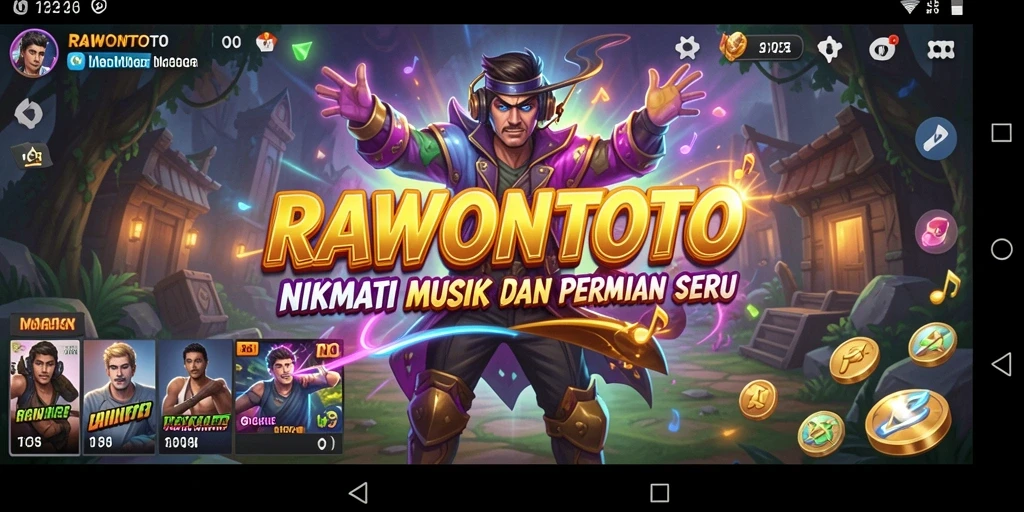 Screenshot utama RAWONTOTO menampilkan gameplay seru yang penuh musik.