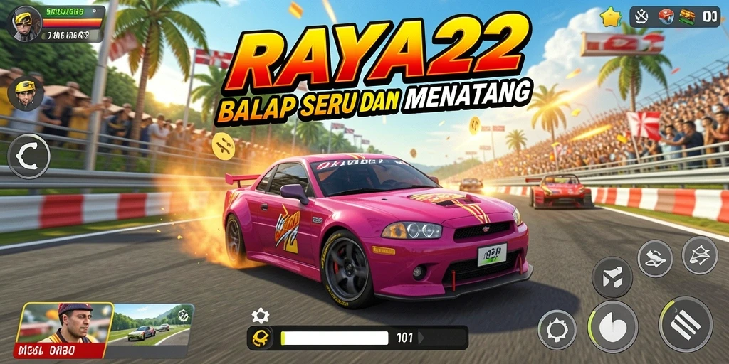 Screenshot utama RAYA22 menampilkan momen seru balap di jalur perkotaan.