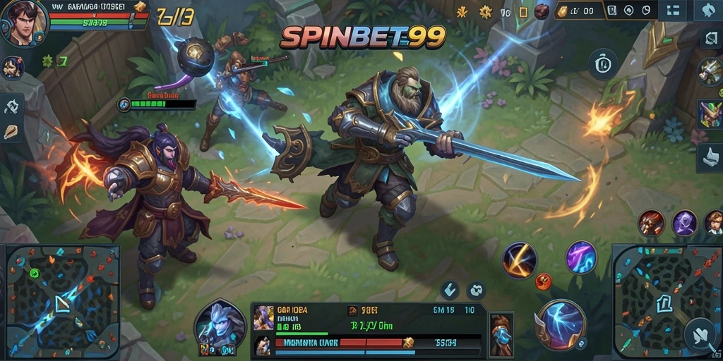 Cuplikan seru dari gameplay MOBA SPINBET99 dengan pertarungan karakter.